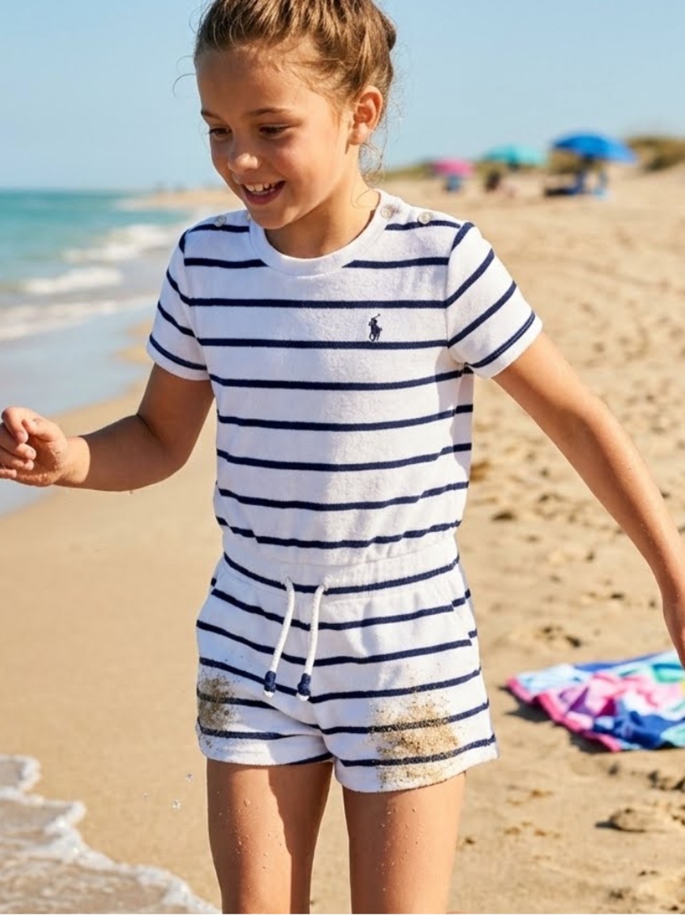 Polo by Ralph Lauren White and Navy Striped Terry Romper girls 6x